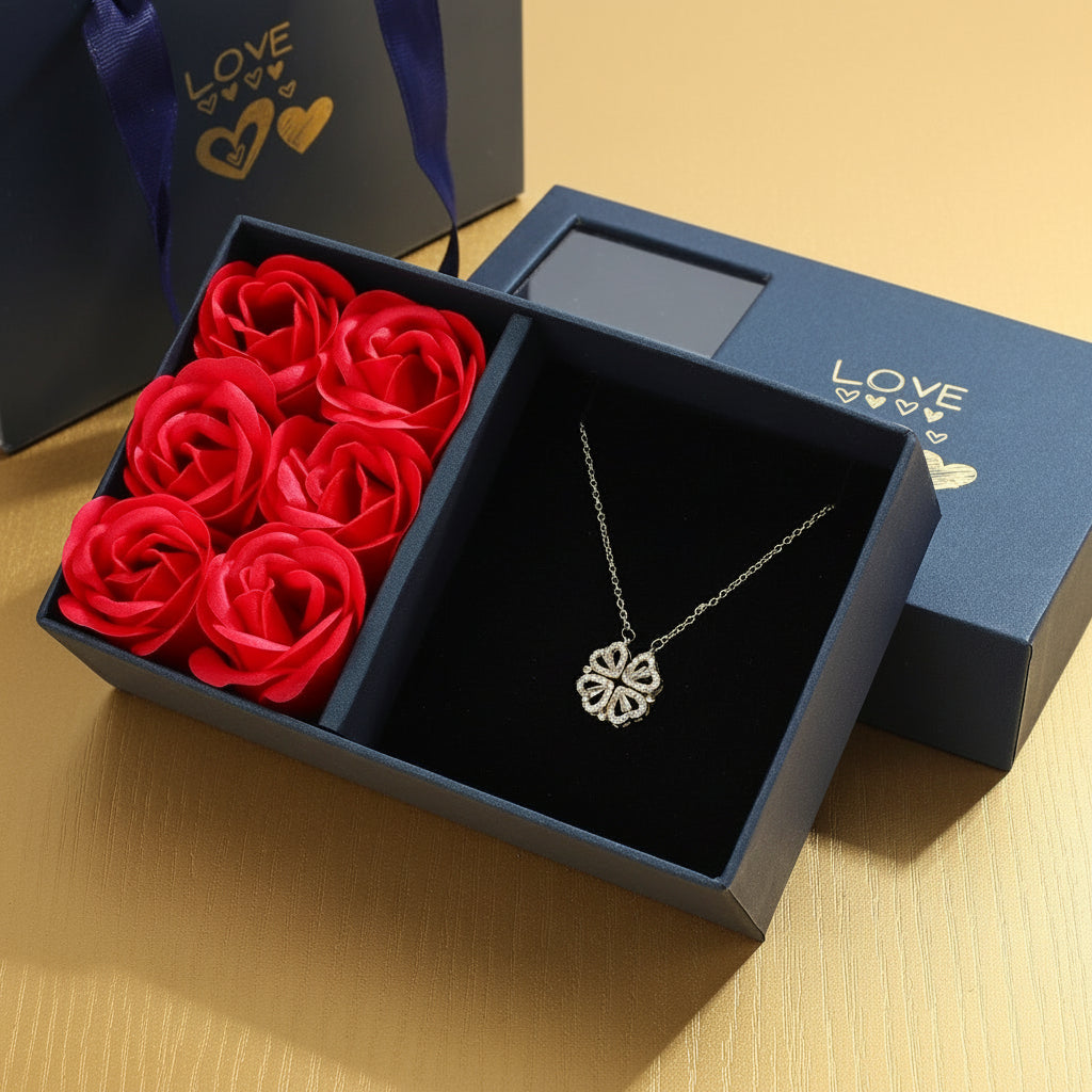 Rose Gift Box Four -Leaf Grass Necklace Heart Necklace Cute Four Leaf Clover Necklace Dainty Gold Necklaces Gifts for Girlfriend